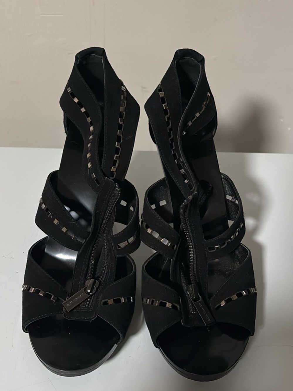 Michael Kors Black Strappy High Heel Sandals with Zipper Detail